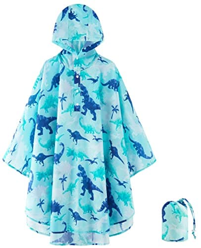 WAWSAM Kids Poncho Waterproof - Dinosaur Rain Poncho for Boys - Lightweight Hooded Raincoat with Storage Bag - Portable Rainwear for School & Travel