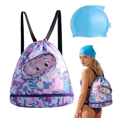 TOUKBEAU Mermaid Drawstring Bag with Swim Cap for Girls, Kids Storage Organizer for Toys & Travel, Multipurpose Beach Pool Bag with UPF50 Swimming Hat for Toddler Age 3-12 Years