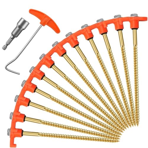 12 Pack Heavy Duty Metal Tent Pegs, 7.8in chRotating Rock Pegs with Thread, Ground Anchors for Camping, Includes Drill Adapter & Nail Puller, Durable Steel Stakes for Garden, Canopies,Lawns -Orange
