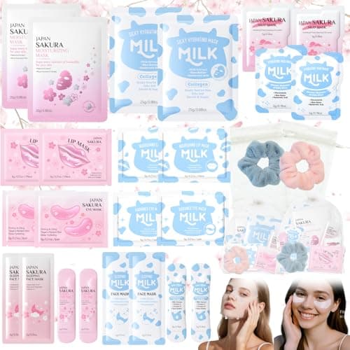 28PCS Sleepover Spa Party Supplies Set – Sakura & Milk Skin Care Set for Teenager Girl Gift - Travel Kits Gift Packs with Face Masks, Lip & Eye Masks, Hand Cream