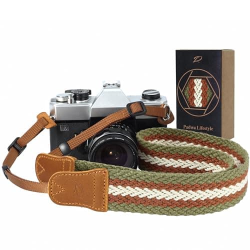 Stripes Camera Strap - 1.5" Cowhide Head Shoulder Neck Strap ,Vintage Woven Multi-color Camera Straps for Cameras and Binoculars,Cute Adjustable Thin Strap for Adults & Kids(Green Yellow White)