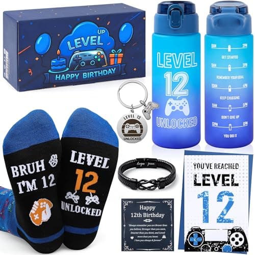 EccoDen 12th Birthday Gifts for Boys Age 12 – Funny Gamer Gift Set with Sports Water Bottle, Gamepad Keyring, Level 12 Socks & Bracelet – Cool Birthday Presents for Gamer Kids