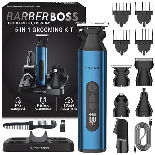 BarberBoss All-in-one Men’s Grooming Kit, Beard, Hair & Body Trimmer with Nose & Ear Trimmer and Foil Shaver, Cordless USB Rechargeable Groomer for Men with LED Display & 3 Speeds
