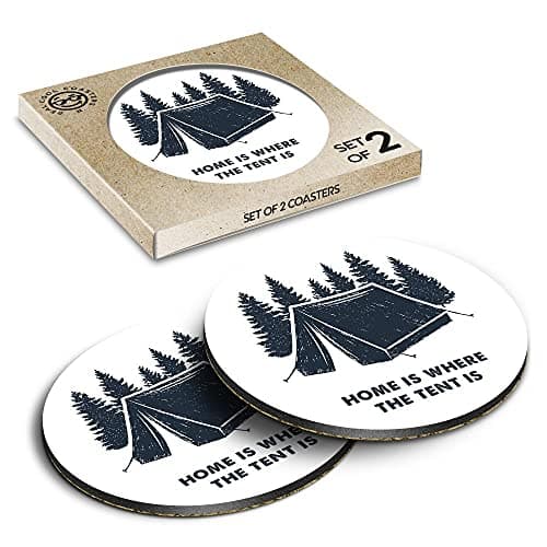 2 x Eco Boxed Cork Coasters - Camping Tent Forest Holiday Camp Drink Cup Mug Glass Table Mat #14729