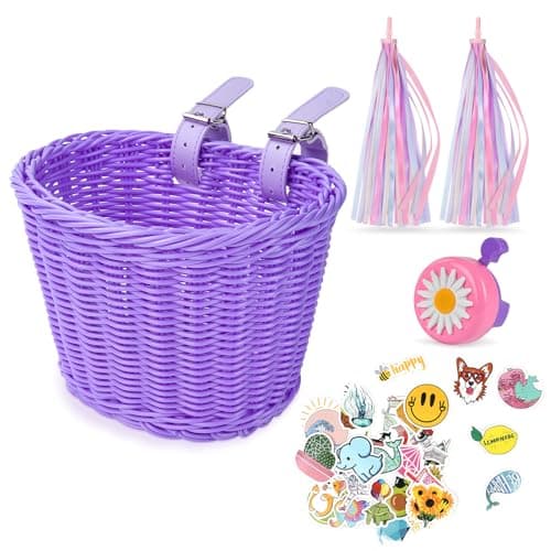 Flintronic Kids Bike Basket Handwoven Cycle Basket for Kids, Bicycle Basket For Girls Boys Childs, with Bike Accessories - Purple