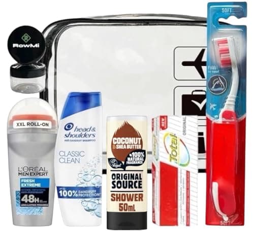 Men's travel toiletries kit, essential toiletry including clear travel bag, shampoo, roll on XXL deodorant, shower gel, toothpaste, portable travel toothbrush with case & 2 small empty pots