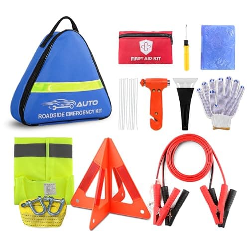 Compact Car Emergency Kit for New Drivers | Essential Roadside Tools with Jump Leads, Tow Rope, Safety Hammer, Warning Triangle & Mini First Aid Kit