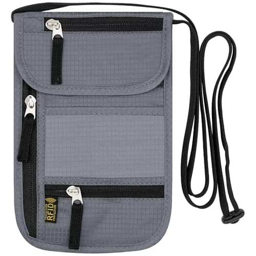 sundee Travel Neck Wallet with RFID Blocking for Men and Women, Passport Holder and Neck Pouch with Adjustable Lanyard Strap, Slim Wallet with Zipper Pockets to Keep Cash Cards Phone Safe -Light Gray