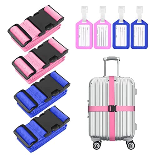 Luggage Straps, 4 Pack Suitcase Straps with Luggage Tags, Adjustable Bag Straps with Quick Release Buckle, Non-Slip Security Belts Travel Accessories for All Suitcase Baggage(Blue & Pink)
