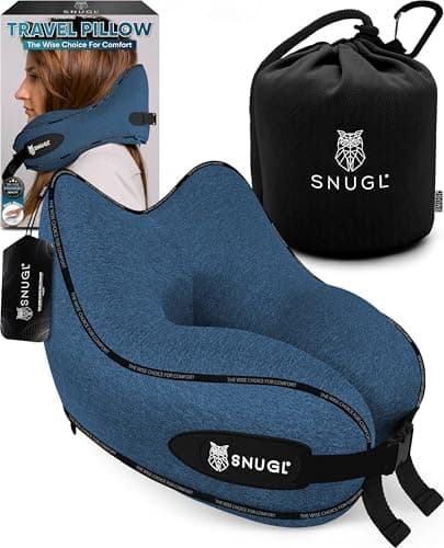 SNUGL Travel Pillow – Memory Foam Neck Pillow for Travel – Support Cushion for Airplane with Carry Bag & Clip - Holiday Essentials (Blue - Adult Small)