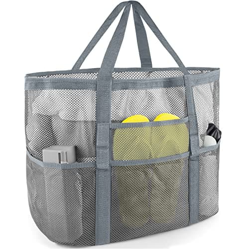SRISE Mesh beach bag - Large beach tote bag for family beach bag for toys & vacation Essential, Grey, L, Modern