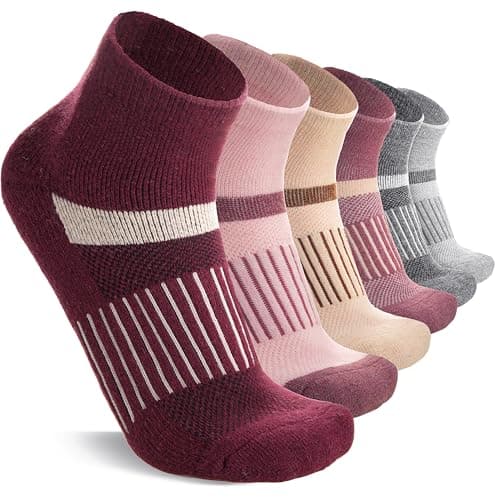 MOSEY KOSY 6 Pairs Merino Wool Socks Women Men Unisex Quarter Running Walking Hiking Work Thermal Winter Warm Compression Support Breathable Thick Cushion Socks(Burgundy Series,3-7)