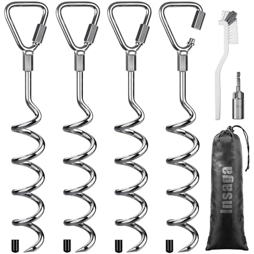 Insaga Ground Anchor, 4pcs Heavy Duty Corkscrew Tent Peg Trampoline Earth Stake Strong Storm Spiral Screw Spike for Garden Swing/Camping/Canopy/Shed/Dog/Carport with Carabiner Lockset
