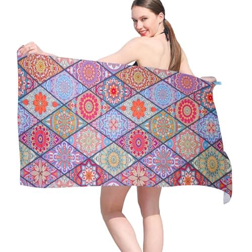 Vorvowry Microfibre Beach Towels for Adults Women Men Extra Large Lightweight Quick Dry Sand Free Travel Towel Double Sided Printing for Swim Sports with Mesh Bag 80×180cm Bohemia 1 Pack