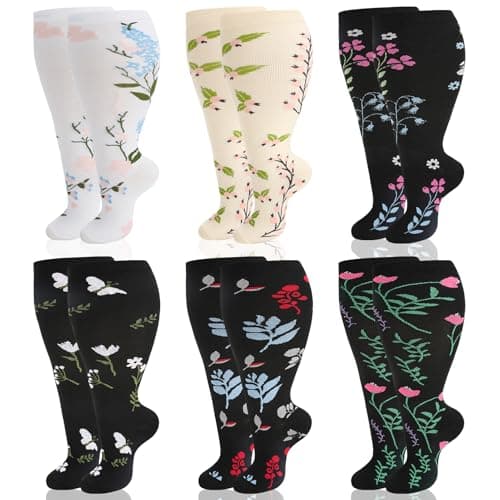 Zuimei 6 Pairs Plus Size Wide Calf Compression Socks for Women Beige 3XL