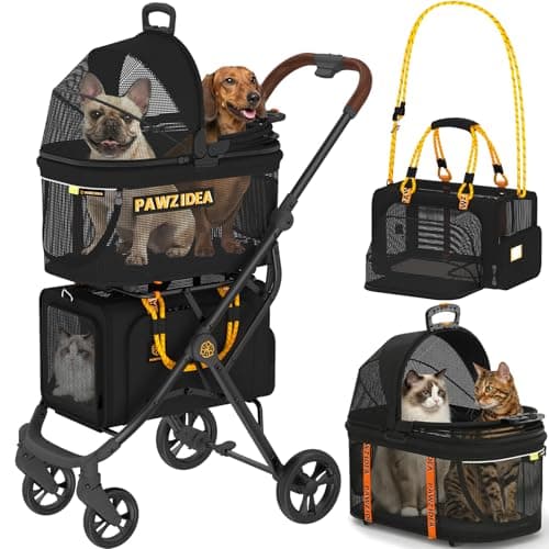 PAWZIDEA Double Pet Stroller, Foldable Cat Pram with 2 Detachable Carriers