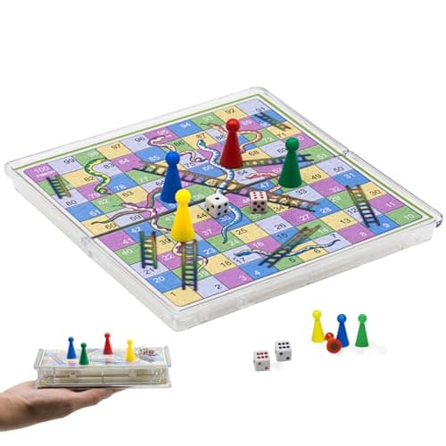 KOKOSUN Snakes and Ladders Travel Board Game Set -15 Centimeters, Mini Magnetic Folding Portable Traditional Game for Kids - Pocket Crystal Style