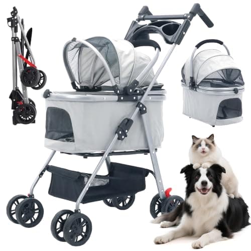 3 in 1 Pet Stroller for Medium Dogs Cats, 20kg Capacity, 360° Wheels, Grey