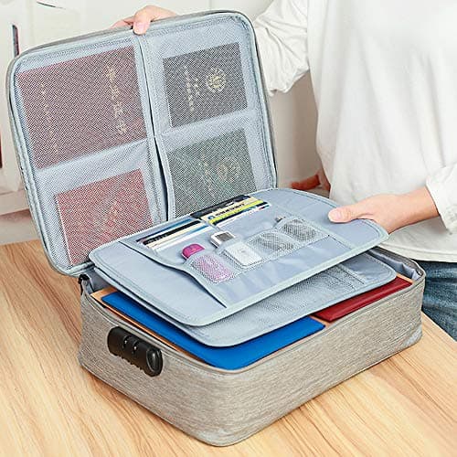 Safe Document Bag with Lock, Multi-Layer File Storage Box, Document Organizer Bag for Home Office Travel,Portable Storage Bag For Ipad,Cash,Jewelry,Passport,Certificates(Gray)
