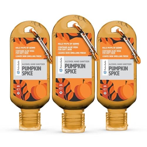 Palm Safe Pumpkin Spice 3 Pack 60ml Anti Bacterial Premium Hand Sanitiser Travel Size Refillable Clip Bottle Quick Drying Non Sticky Extra Moisturising Kills 99.9% of Viruses and Bacteria