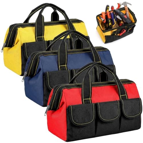 Mezchi 3 Pack 12"/ 30cm 5 Pockets Tool Bag, Wide Mouth Tool Tote Bags with Waterproof Base, Heavy Duty Tool Storage Bag Organizer for Home Repairs, Various Tools, Blue, Yellow, Red