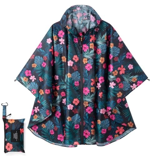 Royalotic Rain Poncho Reusable Adult Waterproof Hood Raincoat Packable Rain Jacket with Zipper Lightweight Cape with Pocket Floral