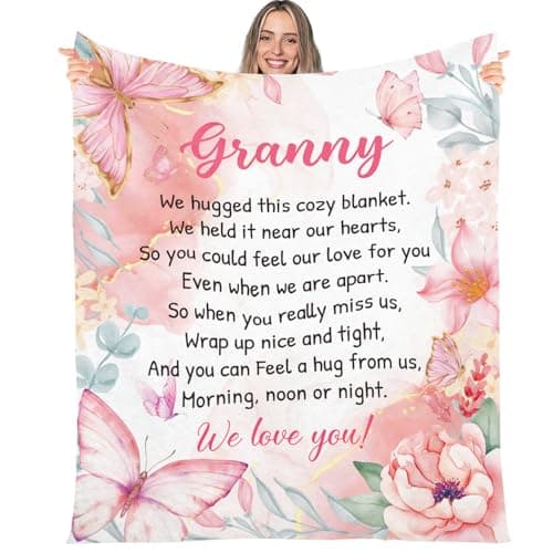 Eiapadeor Granny Blanket Gifts - Flannel Blanket Granny Gifts from Grandchidren Grandson, Nana Blanket Nans Grandma Presents for Mother's Day Mothering Sunday Large Pink Butterfly Rose Flowers
