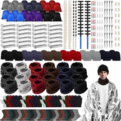Coume Homeless Care Package Supplies Hygiene Kit Winter Beanie Neck Warmer Gloves Drawstring Bags for Men Women, Classic Color, One Size