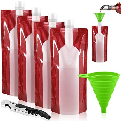SENHAI Foldable Wine Bag, 750 ml, Portable Reusable Plastic Wine Bottle Pouch, 4 Pack Collapsible Liquid Leak Proof Flask Holder for Wine Liquor Beverages, Travel, Gift - Red