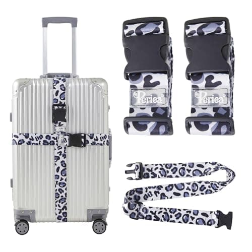 Periea Luggage Straps Set of 2 - Adjustable Suitcase Straps with Quick Release Buckle, Heavy Duty Luggage Straps for Suitcases, Travel Accessories, Thickened Luggage Belt - Silver Leopard