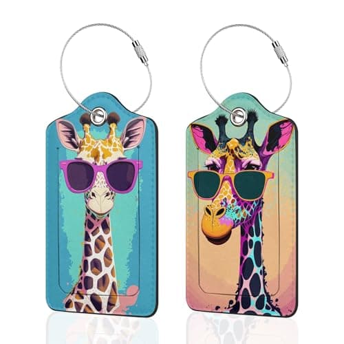Set of 2 Luggage Tags for Suitcases, Leather Giraffe in Sunglasses Baggage Tags with Stainless Steel Loop, Privacy Name ID Card Cover Kawaii Travel Labels for Women Men Kids Girls