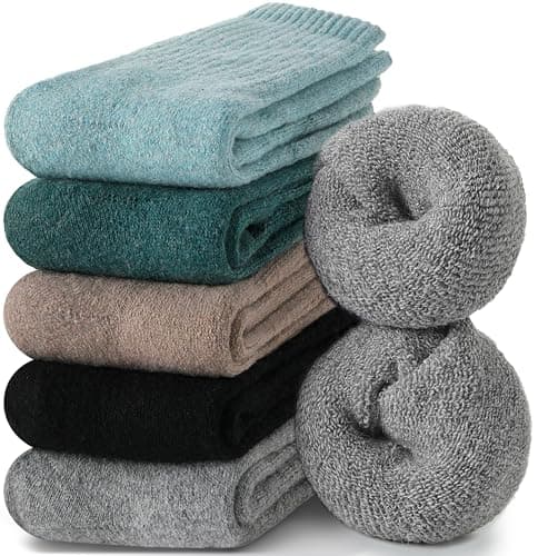 EBMORE Womens Merino Wool Socks Thermal Warm Winter Thick Cosy Boot Crew Cabin Ladies Work Soft Walking Hiking Socks 5 Pairs Gift Stocking Fillers(Khaki/Dark Green/Grey/Black)