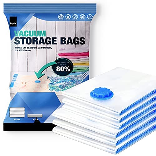 KEPLIN Vacuum Storage Bags | Maximise Space and Store Clothes, Bedding, Towels, Duvet & Pillow | Space Saver Air Suction Bag with Secure Double Zip + Valve | 6 Pack Multipack