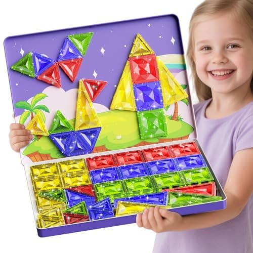 Magnetic Tiles STEM Toy for Kids: 60pcs 5cm Travel Building Kit & Tin Base