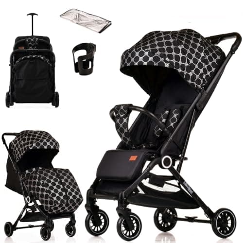 Lightweight Stroller, Baby Pushchair, Compact Travel Buggy, One Hand Foldable, Upgraded Wheels, Four Seasons Stroller, Foot Cover, Rain Cover (Black - Platinum Lattice)