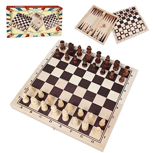 Wooden Chess, Checker and Backgammon, 3 in 1 Board Game Set, Classic Traditional Travel Night Toy and Game Gift Set for Kids Adults Senior Family