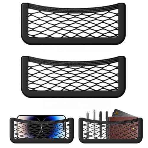 2 Pack Black Mesh Car Storage Organizer - Elastic Net Bag with Smartphone Holder & Plastic Frames for Cars, Vans, Motorhomes