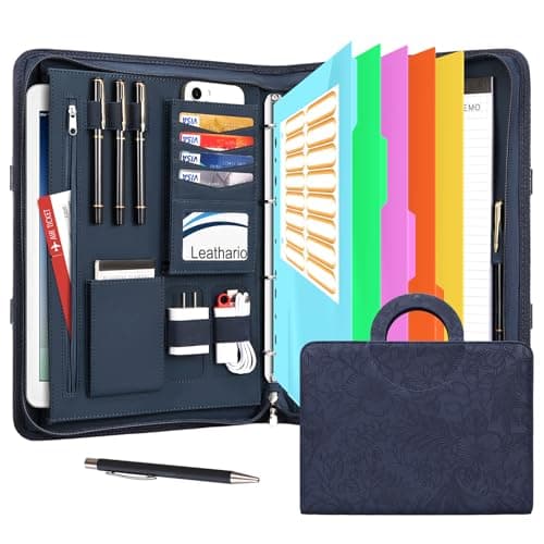 Leathario Portfolio Folder A4, Vegan Leather Conference Folder with Handle, 4-Ring Travel Document Holder with 5 5-Part File Dividers, Multi-Pocket Document Folder Organiser, Office Supplies