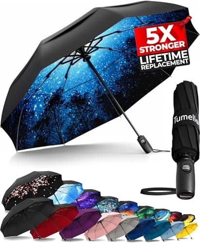 TUMELLA Strongest Windproof Travel Umbrella (Compact, Superior & Beautiful), Small Strong but Light Portable and Automatic Folding Rain Umbrella, Durable Premium Grip, Fits Car & Backpack Moonlight