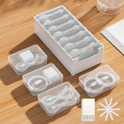 Keqeeo 7 Case Cable Storage Box with Cable Straps and Label Stickers, Travel Cord Organizer for Charging Cables, USB Wires, Earphones – Drawer Organization for Home & Office (7 Cases + 7 Cable Straps)