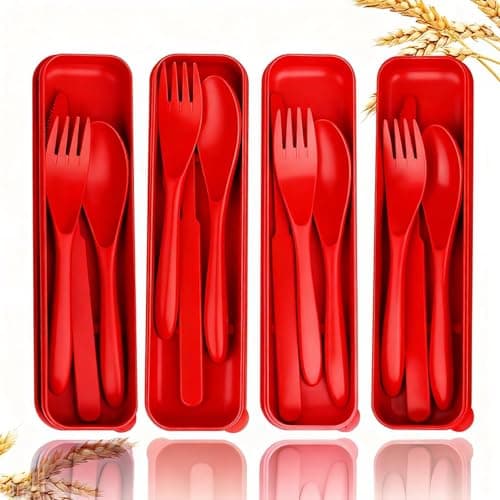 Travel Utensils Set - Reusable 4 Sets Plastic Cutlery with Case (4 Red)