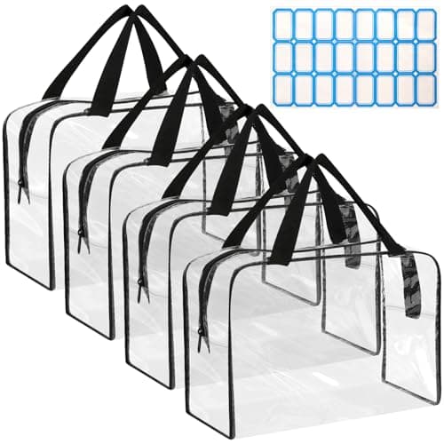 4 Packs Clear Toiletry Bag, 18 x 9 x 25 cm Large Makeup Bags with Self-Adhesive Label, PVC Waterproof, Reusable Travel Toiletries Bag, Toy Storage Bags with Zipper and Handle for Board Games