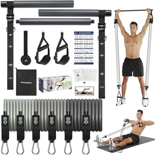 ALongSong Resistance Band Set Men with Handle & At home Pilates Bar Workout Equipment, 6 Exercise Bands 20-240Lbs/30-240LBS Optional & Door Anchor For Home Gym Fitness Equipment