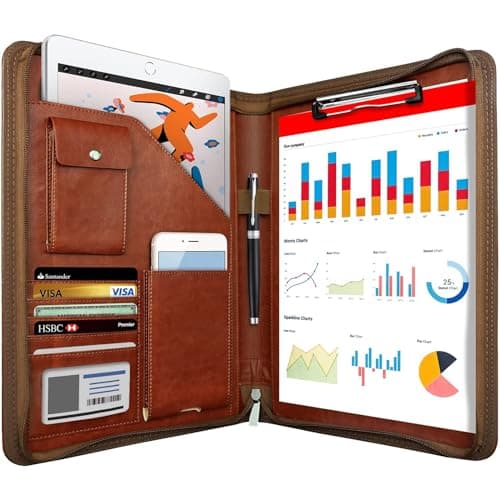 NEWYES PU Leather Zipper Conference Folder A4, Gifts for Men & Women, Travel Document Portfolio, Personal Agenda Organizer Folder, Brown