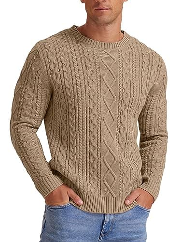 Hisir Men's Cable Knit Jumper, Thick Warm Crew Neck Winter, Khaki, XL