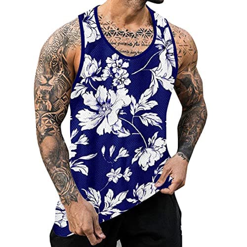 Men's Mesh Tank Top with 3D Digital Printing, Breathable and Quick-Dry Fabric for Casual Wear, Loose Fit Summer Vest for Outdoor Activities and Beach (Blue, M)
