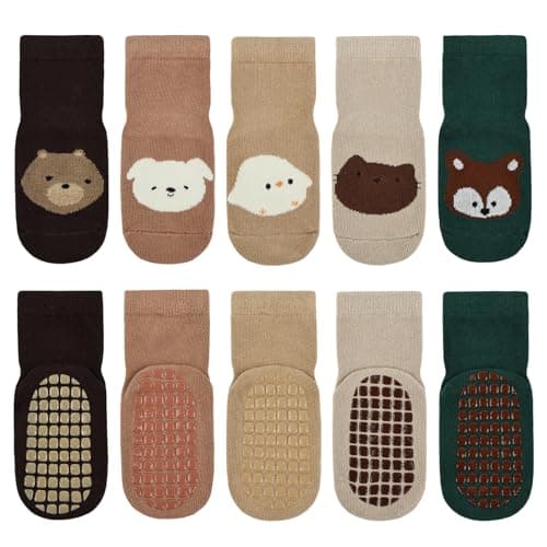 Vicloon 5 Pairs Baby Socks for Boys Girls, Baby Socks with Grips, Babys Non Slip Sock, Toddler Anti Slip Cotton Sock, Medium Tube Toddler Socke Suitable Kids Aged 1-3 Years