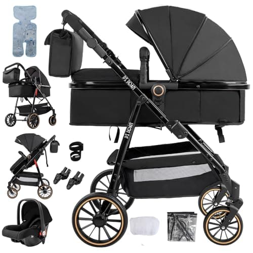 Veitoalioy 3 in 1 Baby Stroller Travel System, Foldable Pushchair, Baby Stroller 3 in 1 with Reversible Two Pushing Modes, Multifunctional High Landscape Buggy (V8 Black)