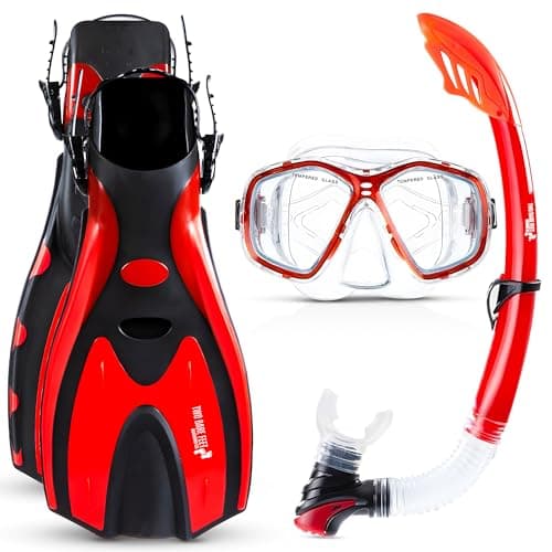 Two Bare Feet Snorkel, Mask and Fins/Flippers PVC Snorkelling Set (Adults) With Anti Fog and Wide View Mask, Anti-Leak, Tempered Glass - Scuba Dive Snorkelling Sets (L/XL (UK9-13), Red)