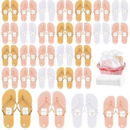 KisSealed 24 Pairs Flip Flops Bulk for Wedding Party Guest Sandals, White, Pink, Gold, 8.5 Wide Women/5.5 Narrow Men